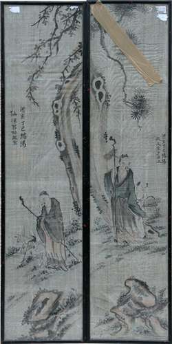 A pair of Chinese watercolour paintings on silk decorated with robed men and calligraphy, framed &