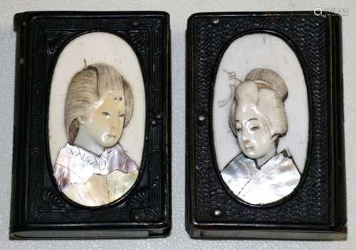 Two Japanese tortoiseshell vesta match safes, with shibayama portrait panels of Geisha girls,