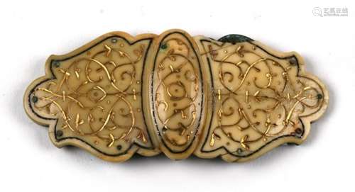 A Turkish/Russian gilt metal and yellow metal inlaid bone buckle. 9cm 3.5ins wide.