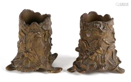 A pair of 19th century bronze spill vases in the form of tree trunks with leaves, frogs, snake and a