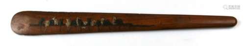 A Victorian olive wood page turner decorated with a row of black and white rats, 45cms (17.25ins)