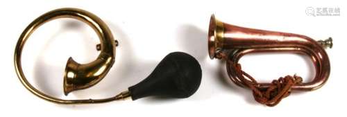 A Douglas & Son, Glasgow, copper and brass bugle; together with a brass car horn (2).