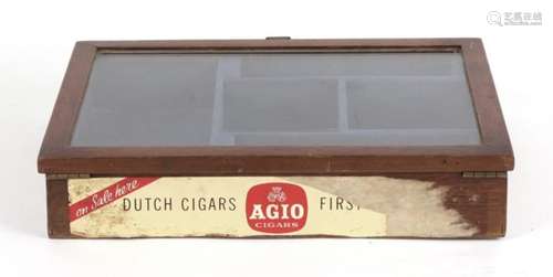 An AGIO Dutch cigars counter top display case on an easel stand. Mahogany case, glass fronted hinged