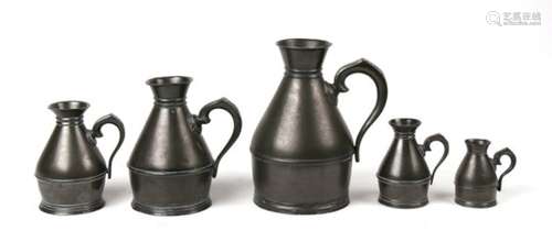 A graduated set of five Irish pewter jug haystack measures by Austen and Son, 94 North Main