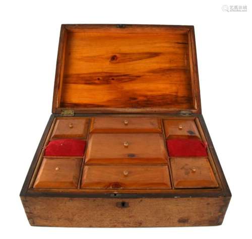 A Ceylon inlaid hardwood sewing box with fitted interior. 30cm 12ins wide.