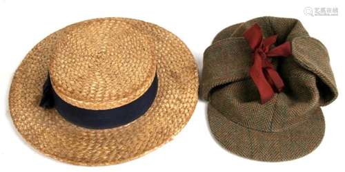 A Gieves Ltd Harrow School straw boater; together with a William Evans tweed deerstalker hat (2).