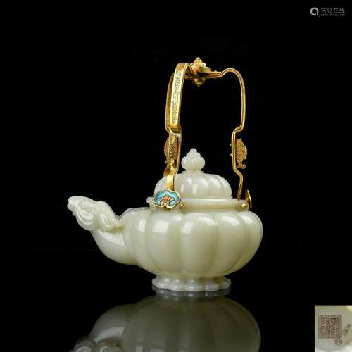 A White Jade Teapot with Bronze Gilt Handle