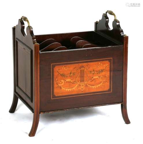 A late 19th century four-division inlaid mahogany Canterbury, 49cms (19.25ins) wide.