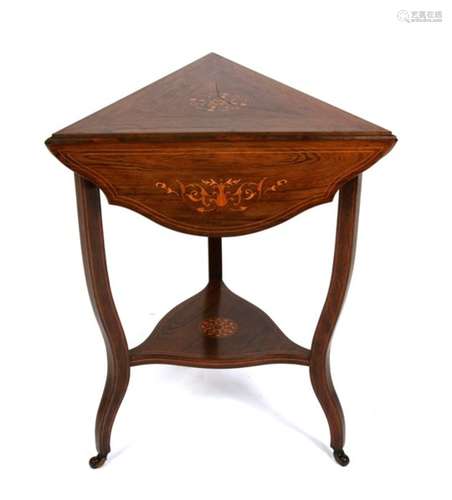 A Victorian inlaid rosewood triangular occasional table, the twist top supporting three drop