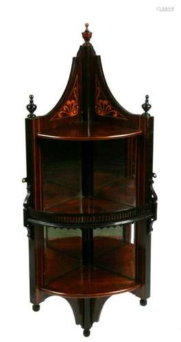 A Victorian inlaid rosewood mirror backed corner wall shelf, 39cms (15.25ins) wide.