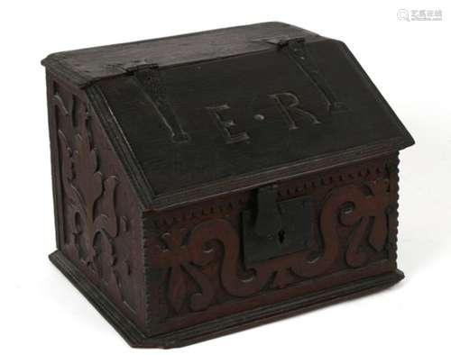 An antique oak bible box of very small proportions, with two drawers to the interior and with