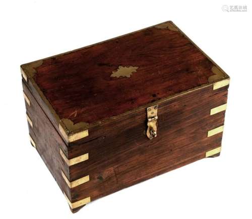 A brass bound teak chest with lift out tray and clasp to front. 45 by 30 by 27cm (18 by 12 by 10.