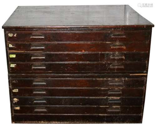 An oak plan chest with eight long drawers, on a plinth base, 124cms (48.75ins) wide.Condition Report