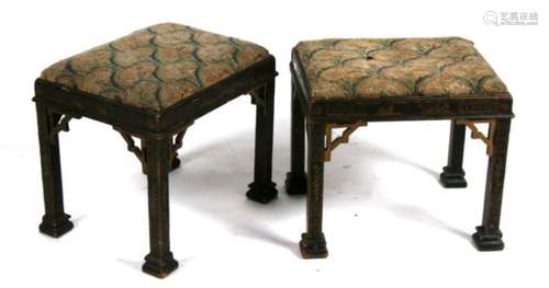 A pair of Georgian chinoiserie stools with needlework drop-in seats, 37cm (14.5ins) wide.