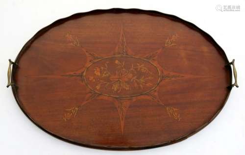 A 19th century oval inlaid mahogany two-handled tray.