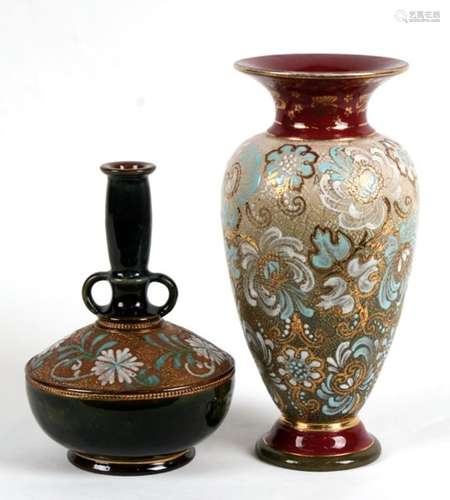 Two Victorian Doulton Stoneware vases, 25cms (9.75ins) high.