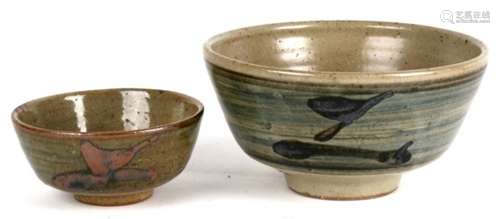 Two Leech Studio Pottery bowls, both with impressed marks, the largest 22cms (8.75ins) diameter (