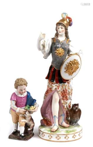 A Meissen style porcelain figure in the form of a female actress portraying Perseus, 21cms (8.25ins)