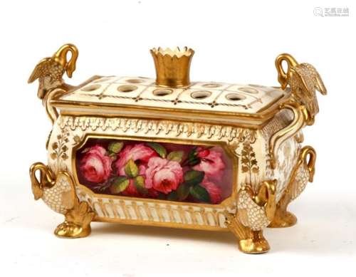 A 19th century rectangular form potpourri decorated with fruit and flowers, on gilded bird legs with