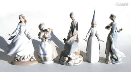 Four Lladro porcelain figures to include Princess, Girl with piglets, Girl with goose, and Dancing