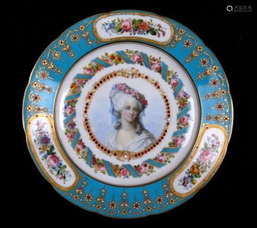 A Sevres jewelled cabinet plate with central portrait of Princess de Lamballe, with paper retail