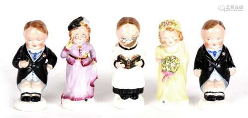 A set of five (ex six) Mabel Lucie Attwell figures by Goss from the wedding party, c.1935. Bride,