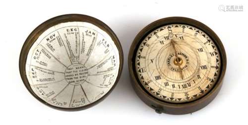 A Charles Nephew & Co. Calcutta, Georgian pocket sun dial with paper dial, the lid with paper