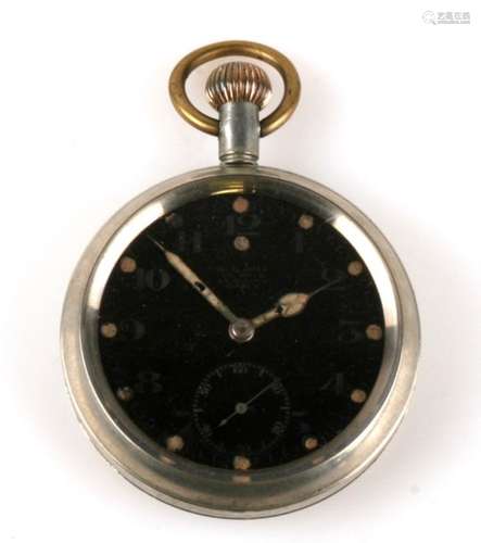 An Omega Royal Flying Corps open faced pilot's pocket watch, the black enamel dial with Arabic