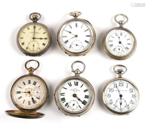 A group of five open faced pocket watches together with a full hunter pocket watch