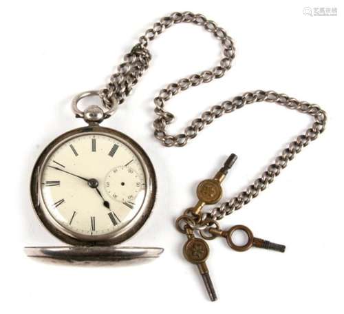 A silver cased full hunter pocket watch, the white enamel dial with Roman numerals and subsidiary