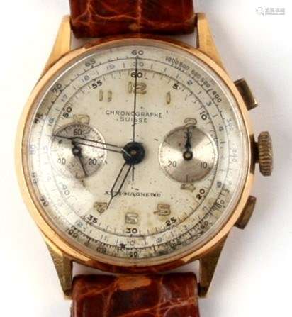 An 18ct gold chronograph Suisse wristwatch stopwatch.