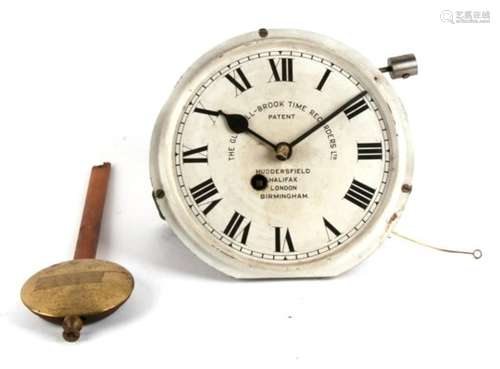 A Glenhill-Brook Time Recorders Ltd clock movement, the white painted dial with Roman numerals and