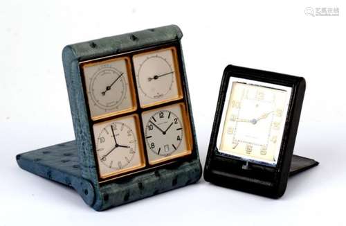 A Mappin and Webb ostrich leather folding travelling four face clock/ thermometer/ hygrometer;