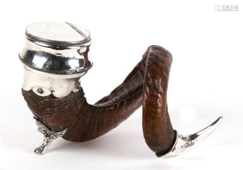 A rams horn and silver plated table snuff mull with engraved inscription 'John Smith, The Brewery,