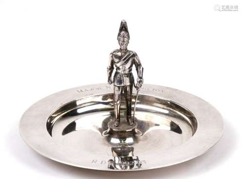 A military silver dish with central lifeguard soldier, Sheffield 1993, Engraved Major N G C Hamilton