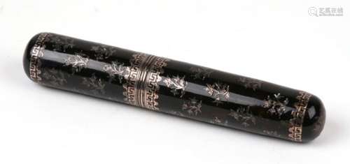 A 19th century French silver inlaid tortoiseshell bodkin or needle case of cylindrical form,