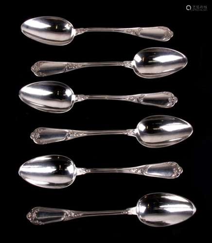 A set of six French 950 grade silver dessert spoons engraved with ornate crests, 296g.