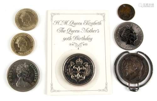 A Queen Elizabeth, the Queen Mother's 90th birthday commemorative £5 coin; together with a