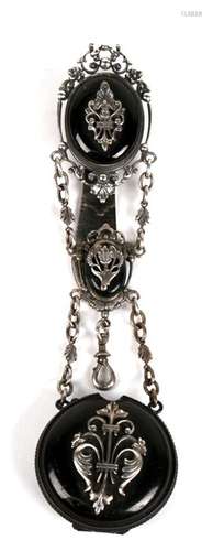 A 19th century Continental white metal and black enamel chatelaine for pocket watch and key