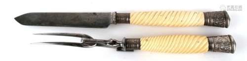 A Cunningham’s Patent silver and ivory handled carving set, the wrythen carved handles terminating