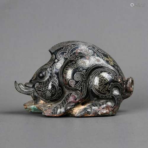 A Silver Inlaid Bronze Pig