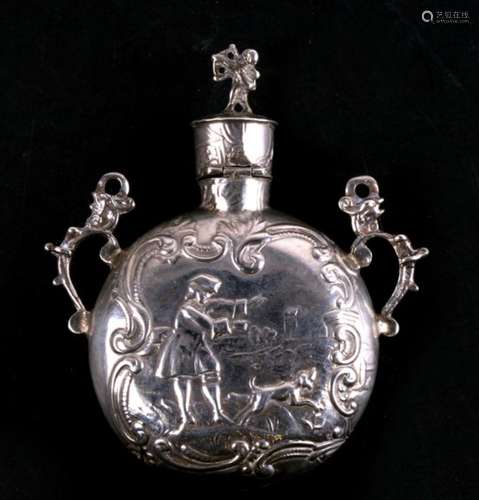 A 19th century continental silver scent bottle, decorated to each side with a different image of a