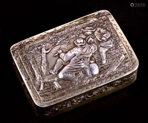 A large George III silver gilt snuff box, the lid cast with the image of peasants smoking under a