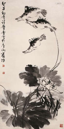 许麟庐（1916～2011） 荷花鳜鱼 立轴 水墨纸本