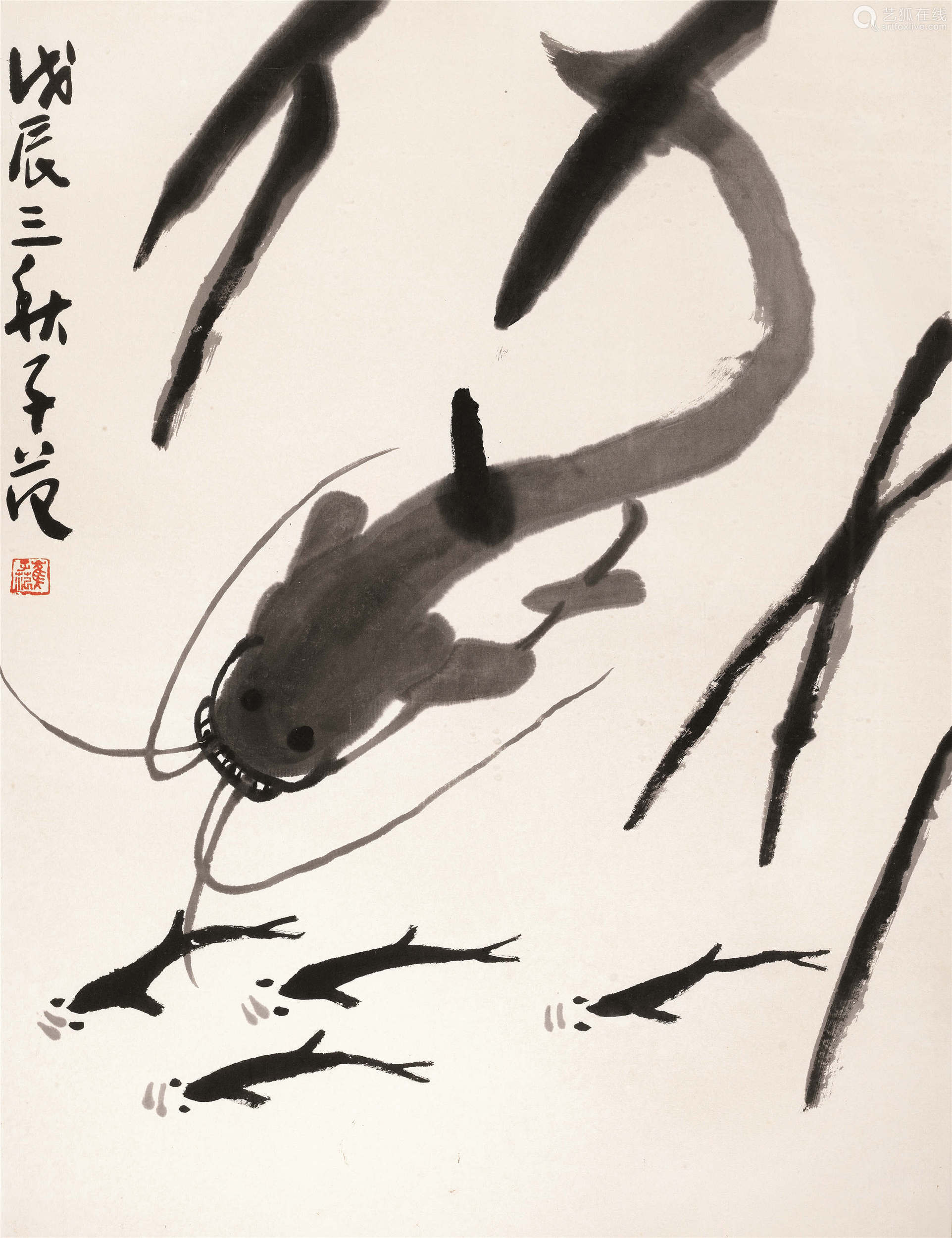 崔子範(1915～2011) 魚樂圖 鏡心 水墨紙本-【成交 價格 圖片】