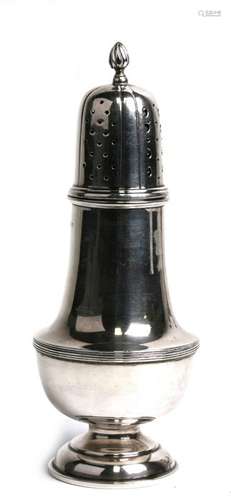 A large solid silver baluster sugar castor, Birmingham 1930, 205gms 20.5cm (8.3 ins) high.