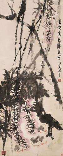 卢光照（1914～2001） 紫藤小鸡 立轴 设色纸本