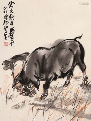 黄胄（1925～1997） 猪 镜心 设色纸本