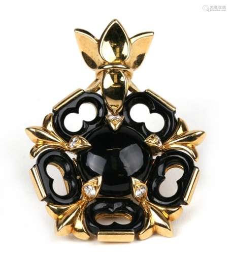 A yellow metal black onyx and diamond set pendant, marked 'Cartier', 4.5cms (1.75ins) high.