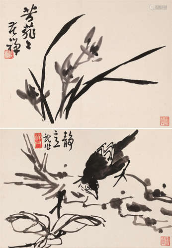 李苦禅（1899～1983） 花鸟二帧 镜心 水墨纸本